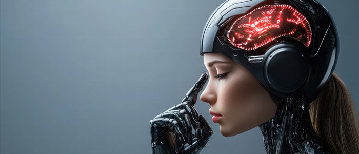 a woman with a robotic head, exposing a gidital brain