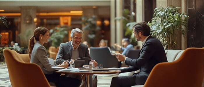 three professionals having a business meeting in a sleek hospitality setting