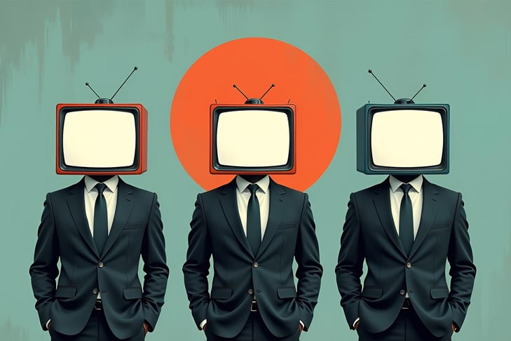Three men dressed in formal suits, each with an old television set for a head
