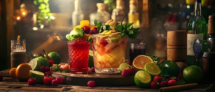 cocktails with fruit garnishes, herbs, and spices are arranged on a wooden table