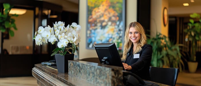 Smiling front desk associate