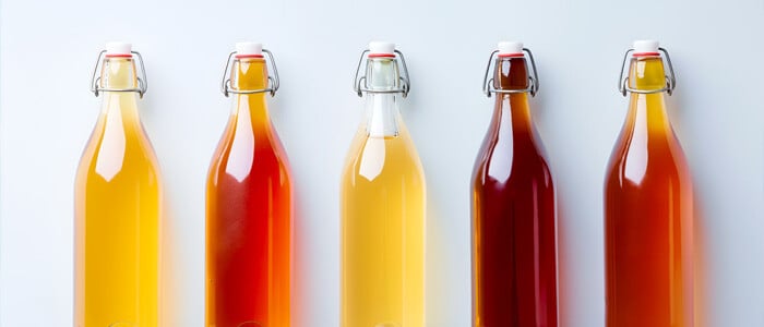 5 colorful bottles of kombucha syrup arranged in a row