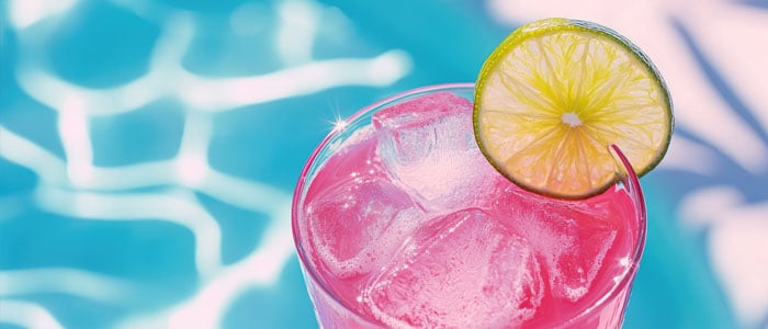 a pink non-alcoholic cocktail with lime and ice served in a clear glass