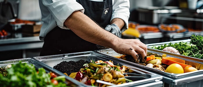 a chef at a buffet prepares dishes, emphasizing the use of repurposed kitchen scraps for eco-friendly cuisine