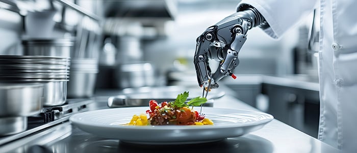 a robot chef skillfully prepares food in a modern kitchen, showcasing advanced culinary technology and innovation