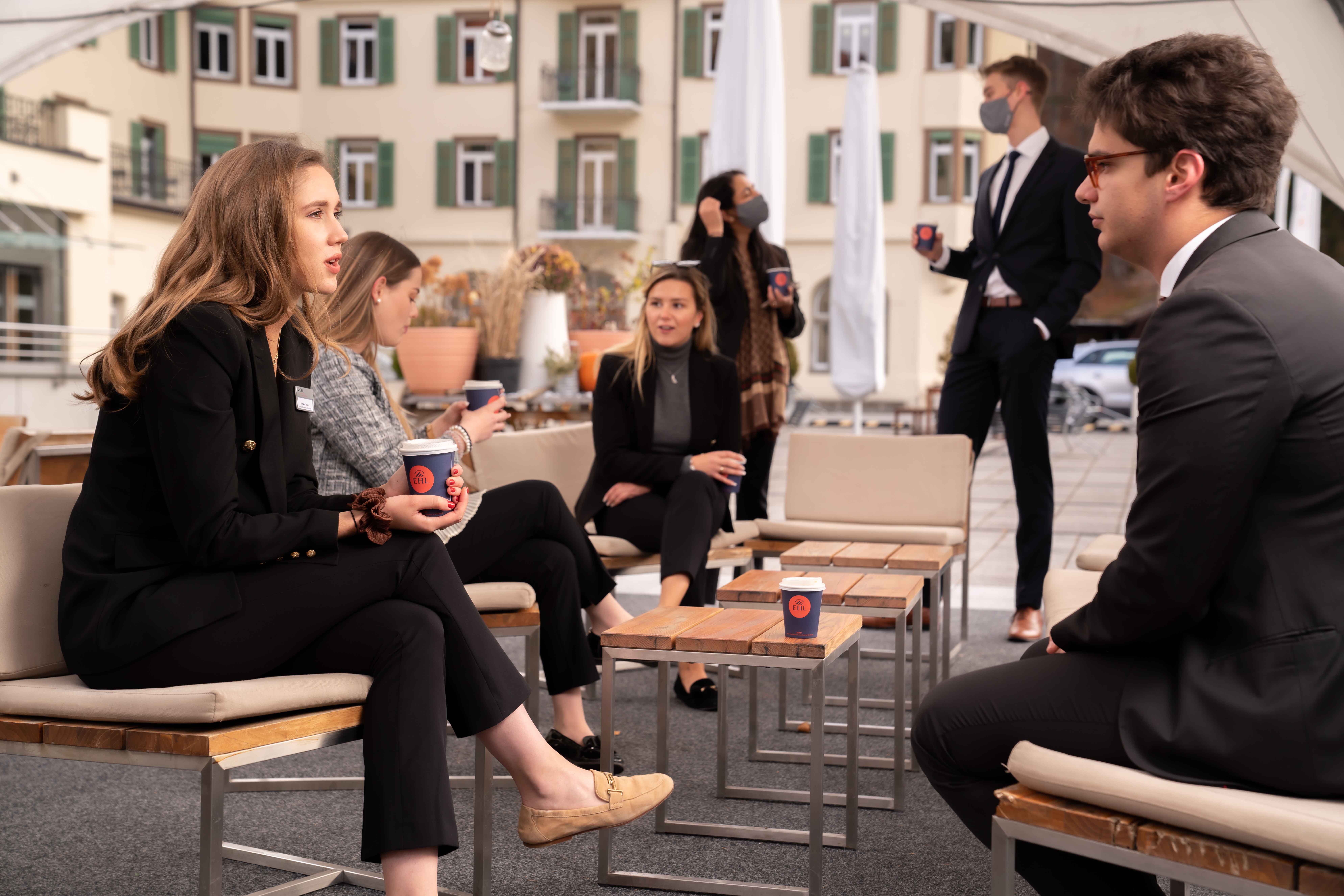Students hanging out on terrace