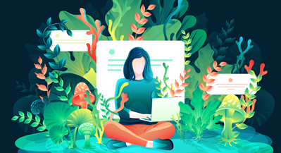 Illustration of someone sitting and working on a computer