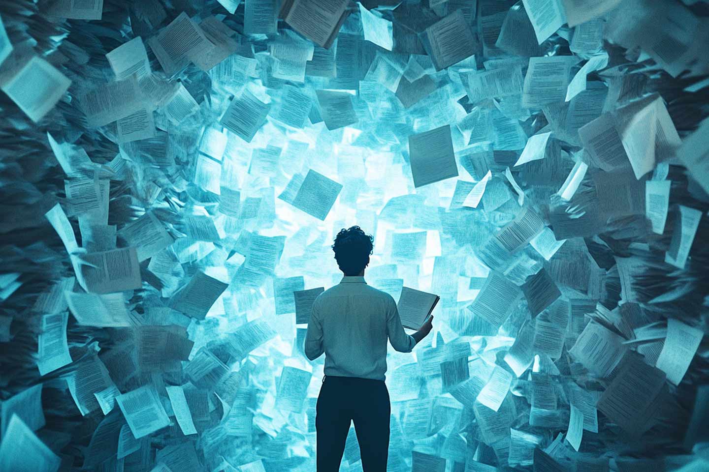 man standing in front of a lot of information